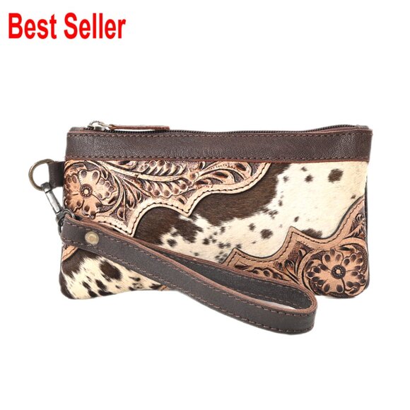 Hand Tooled Natural Cowhide Leather Clutch Bag with Zipper Pocket